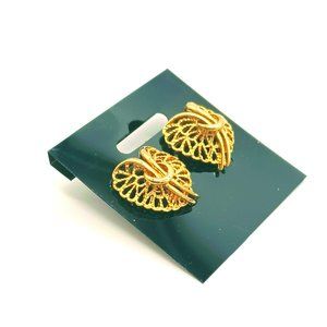 Filigree Leaf Heart Earrings Women's Gold Tone Post Jewelry Center Knot Bow